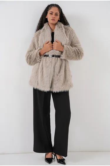 Women's belted oversized faux fur coat  - stone