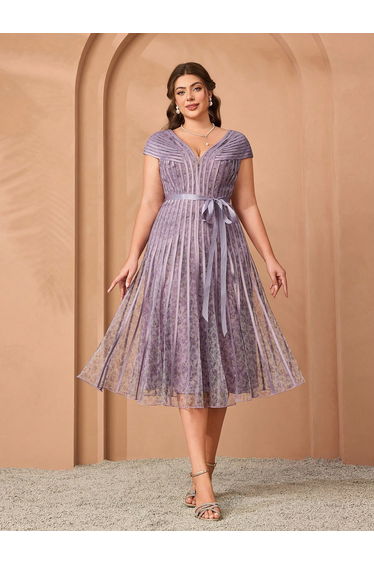 Leely Plus Women's Elegant V Neck Cap Sleeve Party Dresses