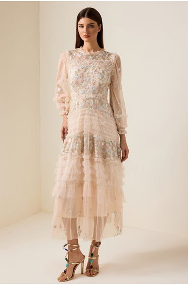 Émilie Mesh Embroidered Frill Midi Dress