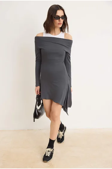 Anthracite Regular Asymmetrical Boat Neck Long Sleeve Mini Soft Touch Knitted Dress