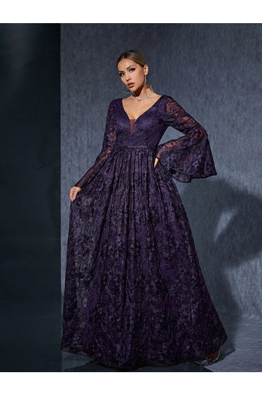 Leely Elegant V Neck Flare Sleeve Lace Evening Gown