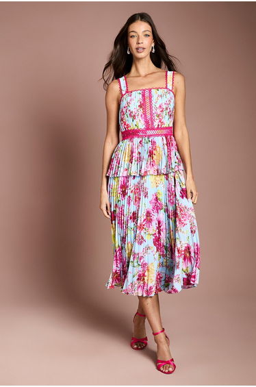 Printed Lace Trim Pleated Dress