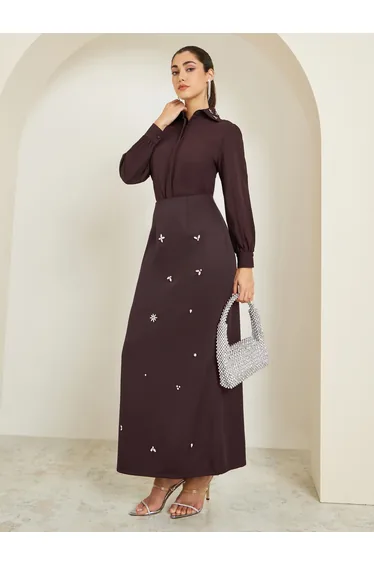 Women Brown Embellished Collar Crepe Shirt