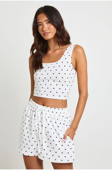 Polka Dot Scoop Neck Crop Top And Sweat Short Set - white