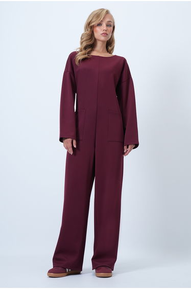 Women's Burgundy Crew Neck Zippered Back Casual Cut Jumpsuit