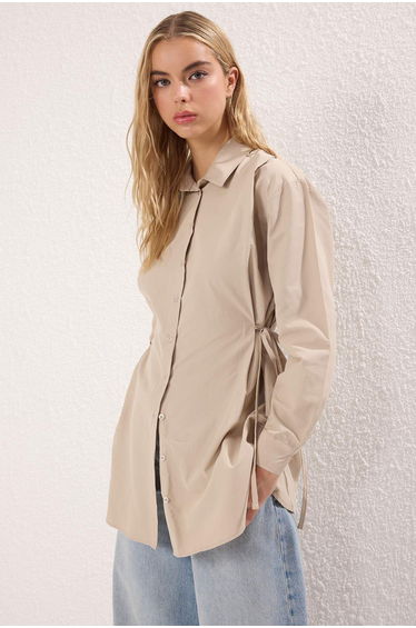 Beige Cotton Side Lace Detail Woven Shirt