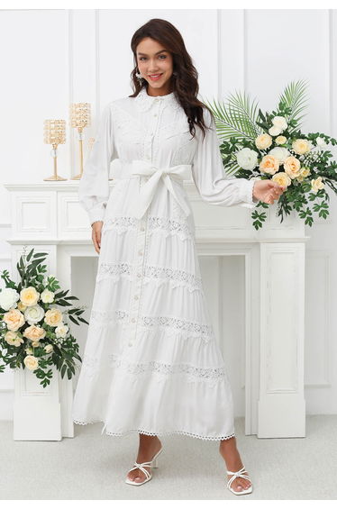 Rose Cutwork Lace Inserted Button Down Maxi Dress in White