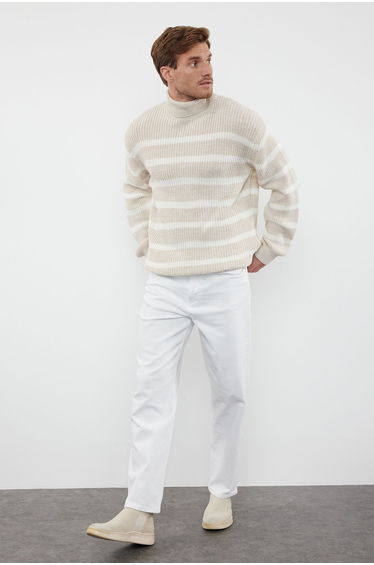 Beige FL Oversize Turtleneck Striped Knitwear Sweater