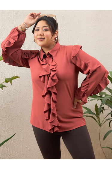 Plus Size Rust Solid Ruffled Long Sleeve Regular Fit Shirt