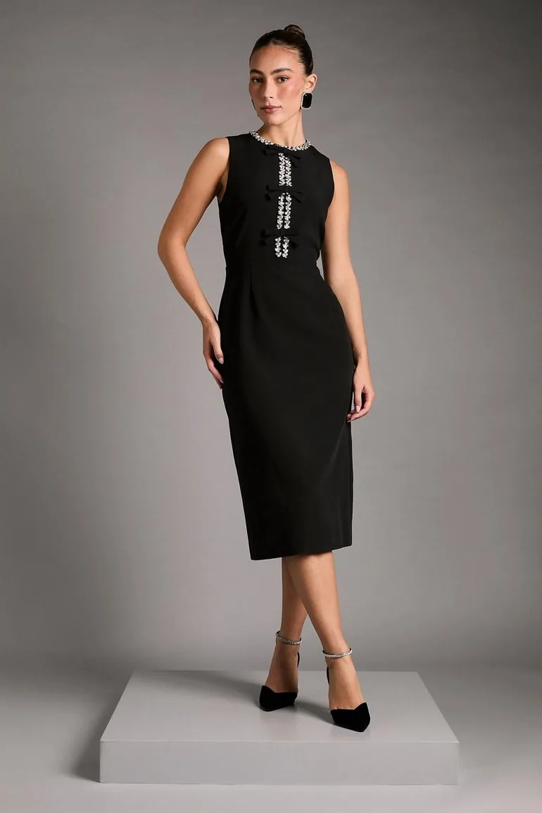 Sleeveless Crepe Midi Dress With Diamante Bow Detail