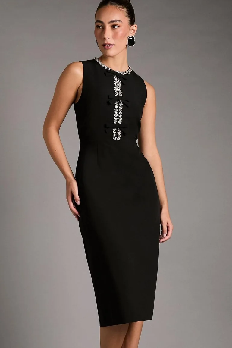 Sleeveless Crepe Midi Dress With Diamante Bow Detail - 1