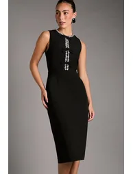 Sleeveless Crepe Midi Dress With Diamante Bow Detail - 1