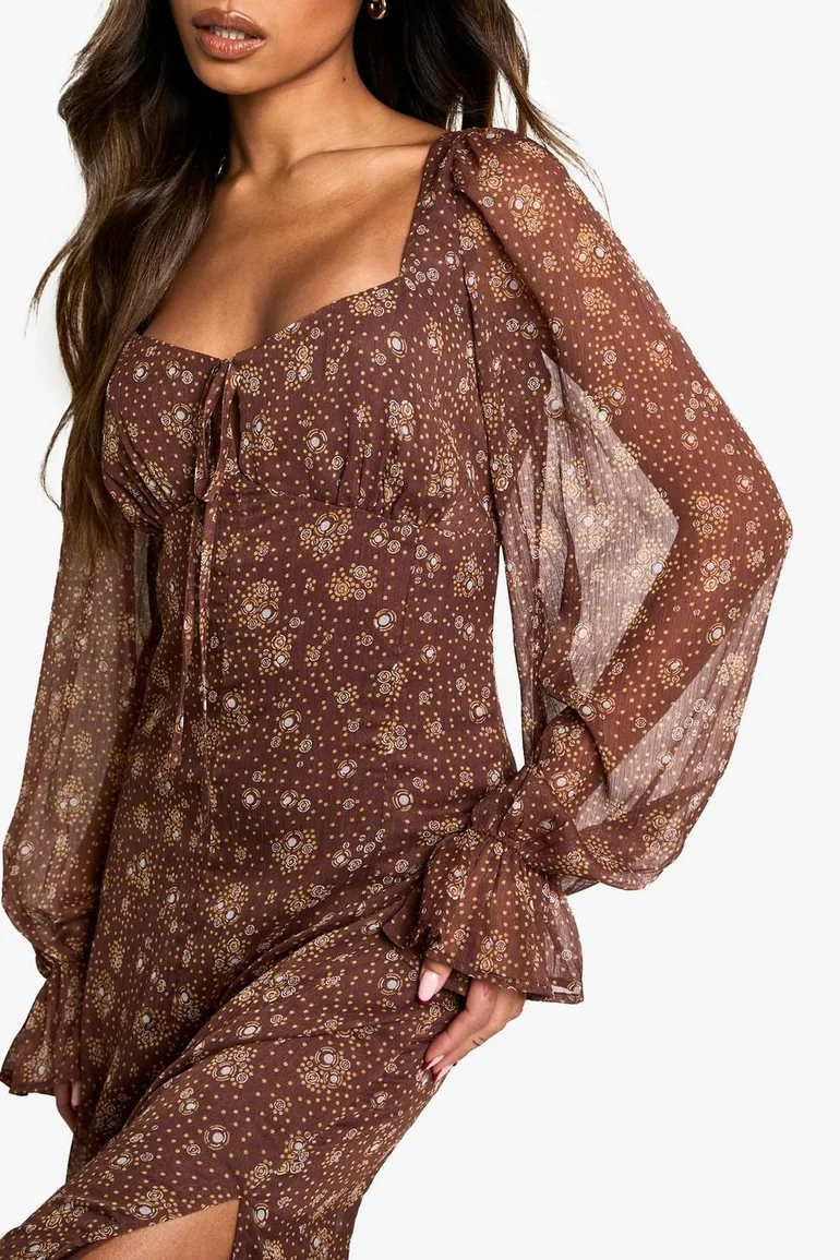 Ditsy Floral Crinkle Chiffon Milkmaid Maxi Dress - chocolate - 3