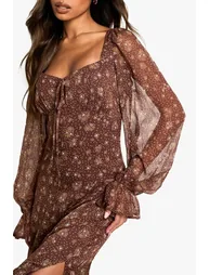 Ditsy Floral Crinkle Chiffon Milkmaid Maxi Dress - chocolate - 3