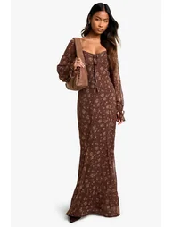 Ditsy Floral Crinkle Chiffon Milkmaid Maxi Dress - chocolate