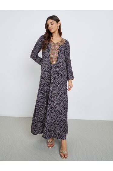Multi Thread Embroidery Jalabiya with All Over Print