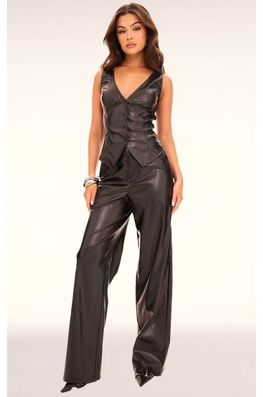 Black Faux Leather Mid Rise Wide Leg Trousers