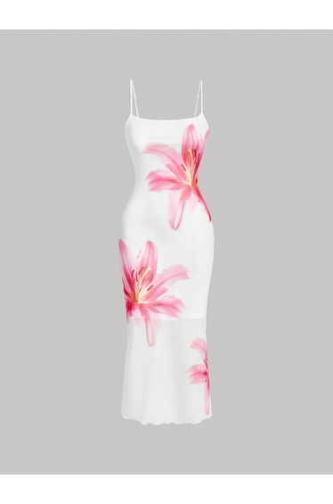 White Floral Print Strappy Bodycon Midi Dress