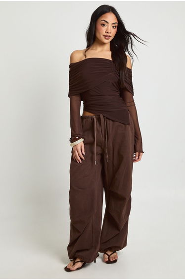 Mesh Sleeve Fold Over Bardot Top - chocolate