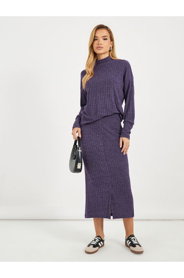 High Neck Knitted Top and Midi Skirt Co-Ords