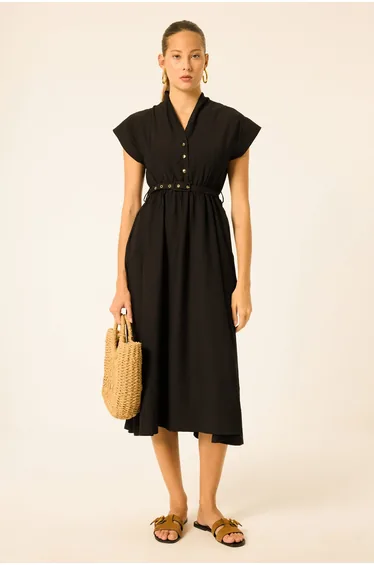 V-NECK MIDI PINAFORE DRESS