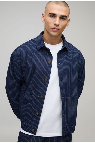 Oversized Boxy Pinstripe Twill Overshirt - navy