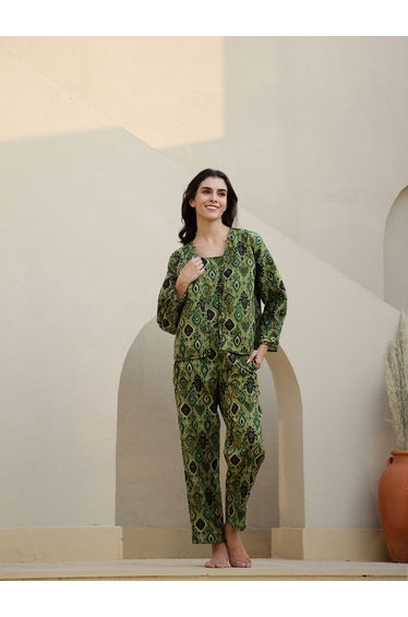 Floral Print Top with Jacket and Trousers Set