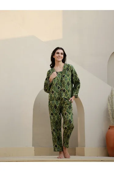 Floral Print Top with Jacket and Trousers Set