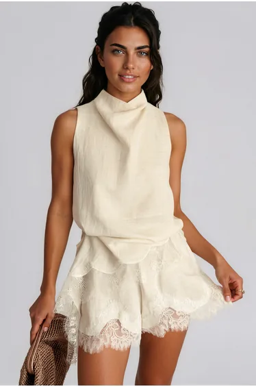 Fouzia Sleeveless Lace Shorts Set