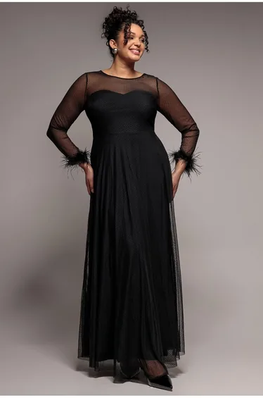 Dobby Mesh Feather Sleeve Hem Maxi Dress - Black by Goddiva Plus
