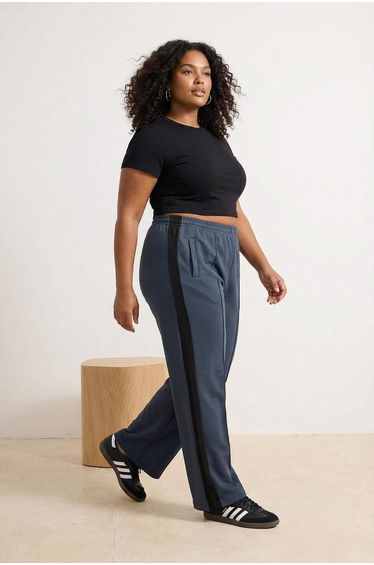Anthracite Side Stripe Detailed Wide Leg Comfortable Flowy Plus Size Sweatpants