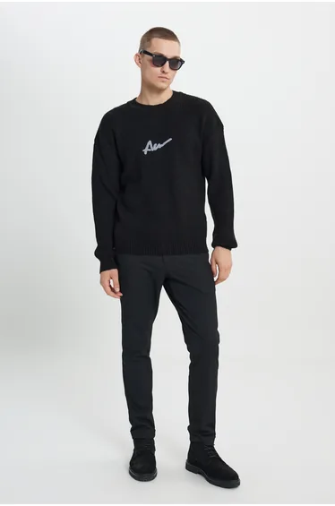 Men's Black Oversize Wide Cut Crew Neck Ruffled Soft Textured Knitwear Sweater