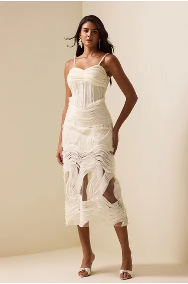 Patricia Embroidery Lace Sleeveless Midi Dress in White