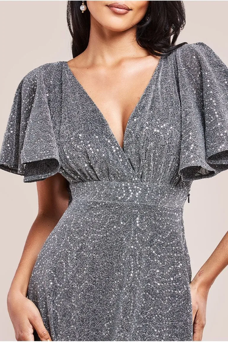 Goddiva Sequin Lurex Flutter Sleeve Maxi Dress - Silver - 2