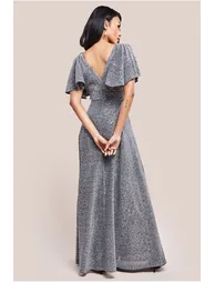 Goddiva Sequin Lurex Flutter Sleeve Maxi Dress - Silver - 1