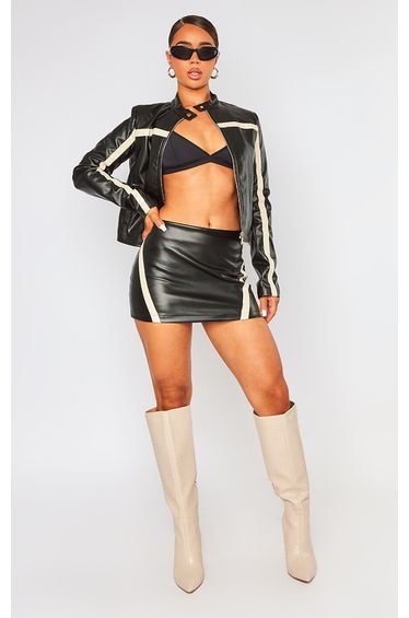 Black Faux Leather Contrast Panel Low Rise Micro Mini Skirt