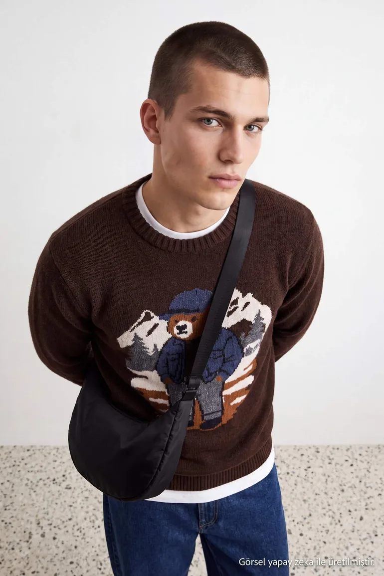 Dark Brown Regular Crew Neck Animal Print Sweatshirt - 3
