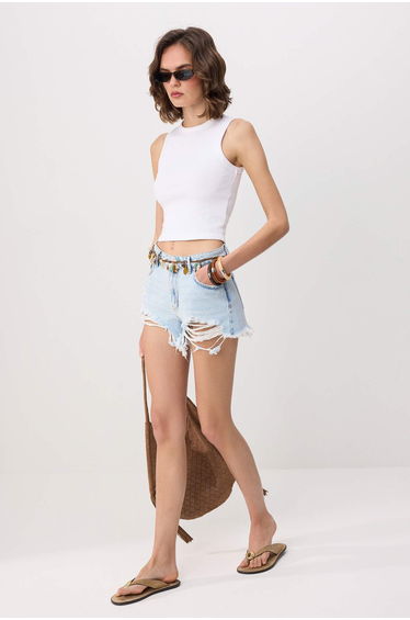 Light Blue Ripped Detailed Extra Mini Denim Shorts