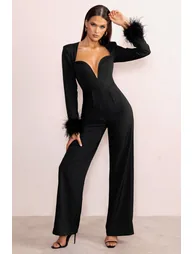 Portia | Black Sweetheart Plunge Wide Leg Jumpsuit with Feather Cuffs
