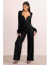 Portia | Black Sweetheart Plunge Wide Leg Jumpsuit with Feather Cuffs - 3