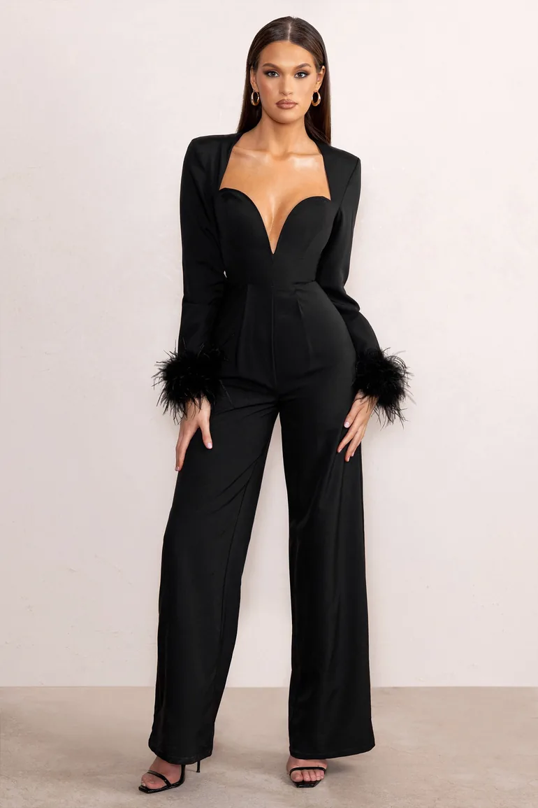 Portia | Black Sweetheart Plunge Wide Leg Jumpsuit with Feather Cuffs - 4