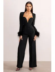 Portia | Black Sweetheart Plunge Wide Leg Jumpsuit with Feather Cuffs - 4
