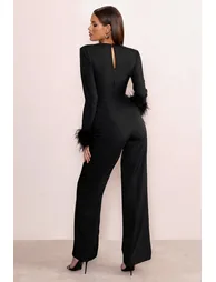 Portia | Black Sweetheart Plunge Wide Leg Jumpsuit with Feather Cuffs - 1