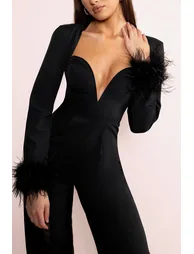 Portia | Black Sweetheart Plunge Wide Leg Jumpsuit with Feather Cuffs - 2