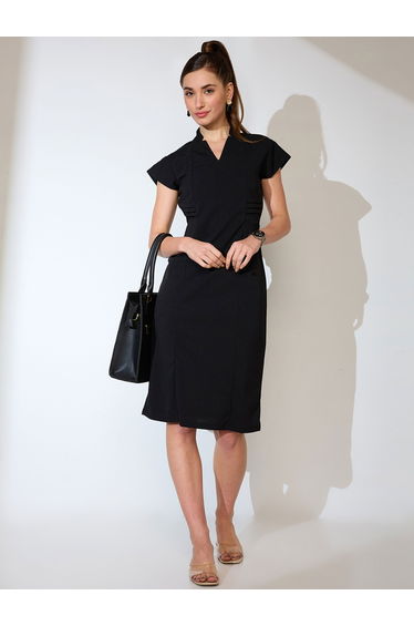 Women Black V-Neck Sheath Midi Dress