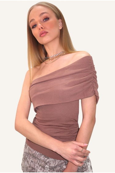 Women's Brown Soft Texture Madonna Collar Waist Draped Summer Blouse