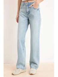 Blue High Waist Straight/Straight Cut 100% Cotton Jeans - 2
