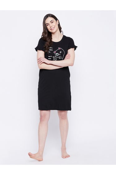 Women Black Graphic Print Cotton Nightdress
