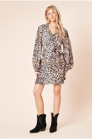 Animal Blouson Sleeve Mini Shirt Dress