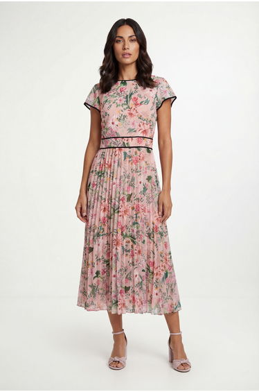 Floral Contrast Pleated Midi Dress